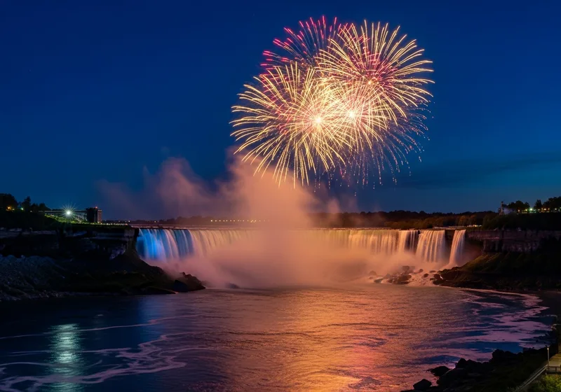 Fireworks over the illuminated falls