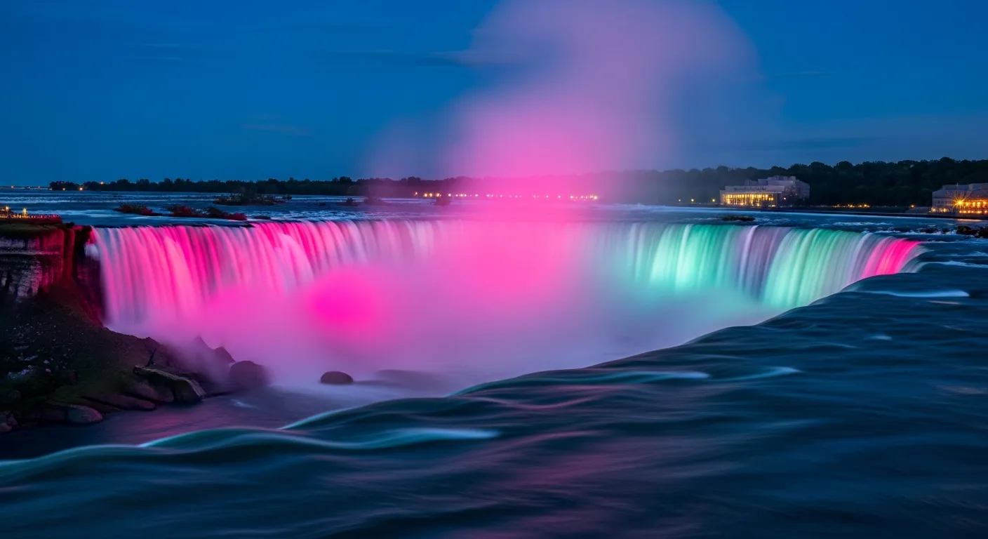 Niagara Falls illuminated in colour at night