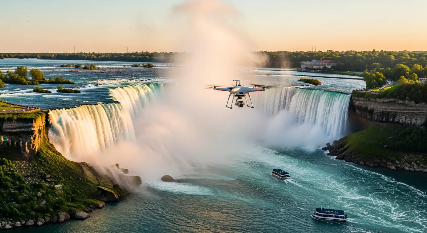 Aerial view of both Niagara waterfalls at golden hour